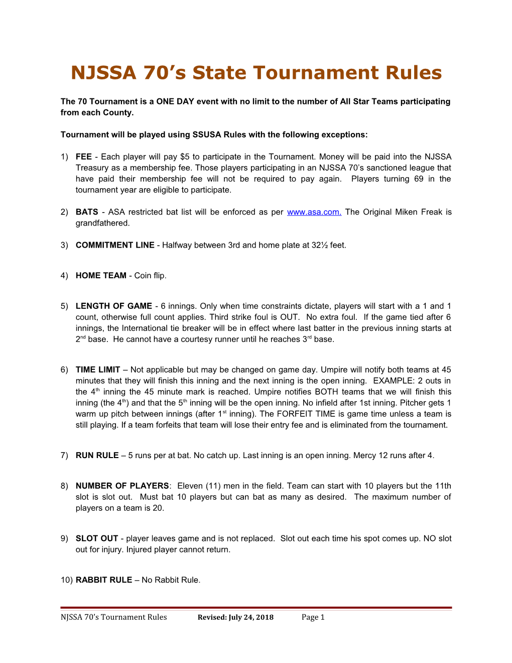 NJSSA 70'S Tournament Rules