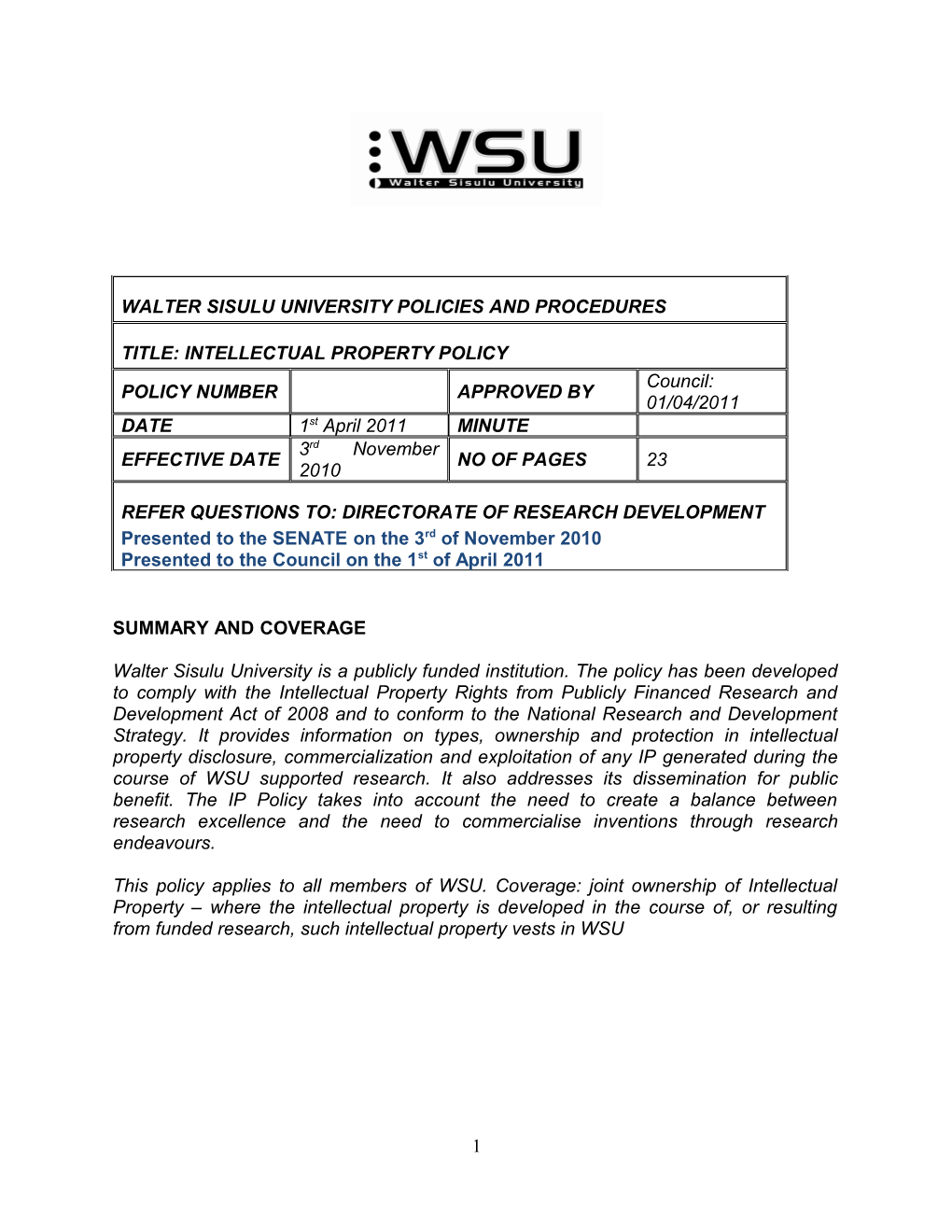 Walter Sisulu University Policies and Procedures