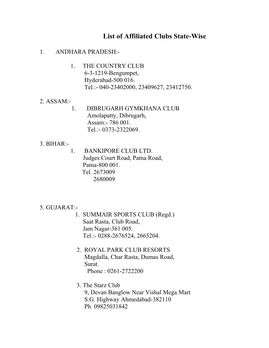 List of Affiliated Clubs State-Wise