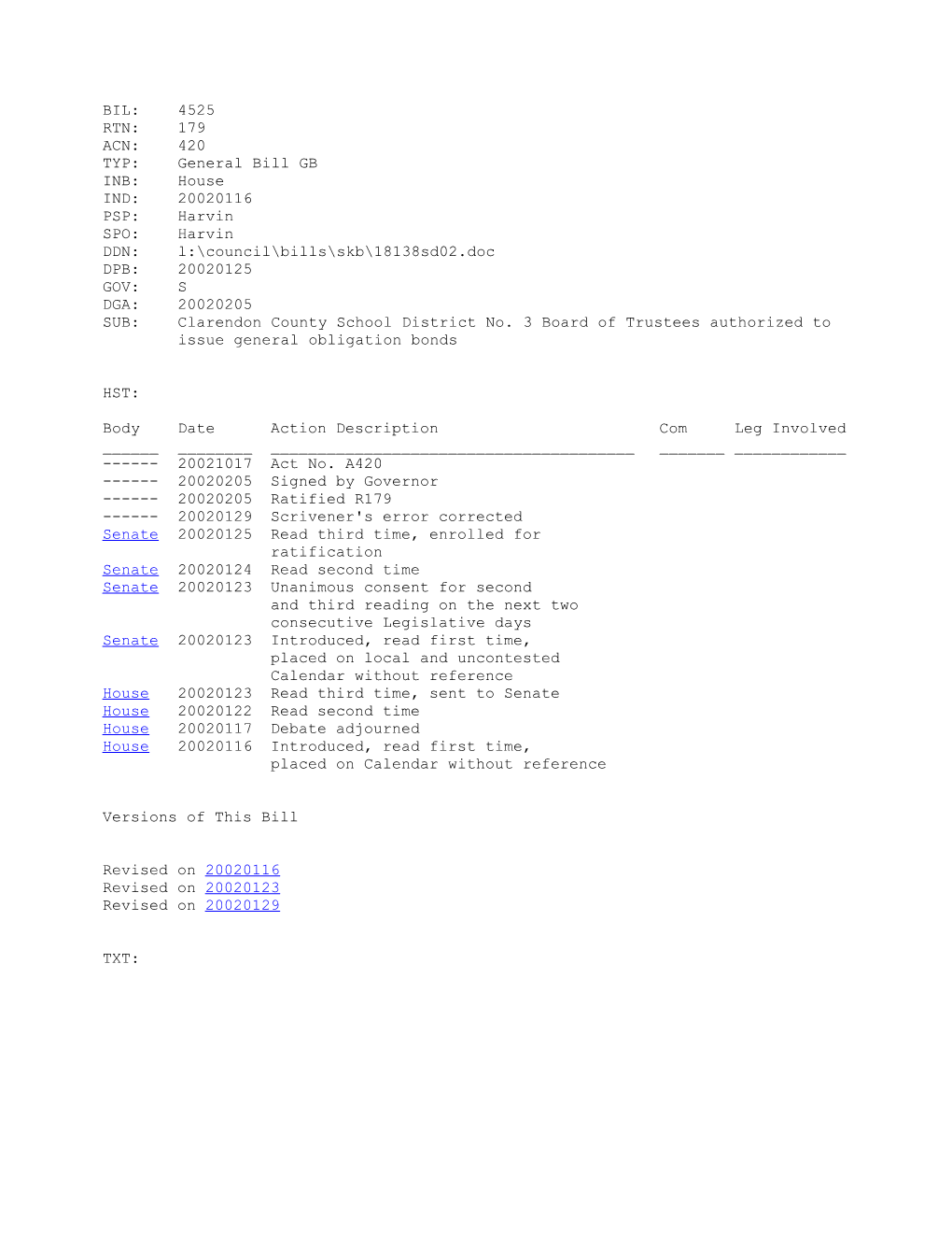 2001-2002 Bill 4525: Clarendon County School District No. 3 Board of Trustees Authorized