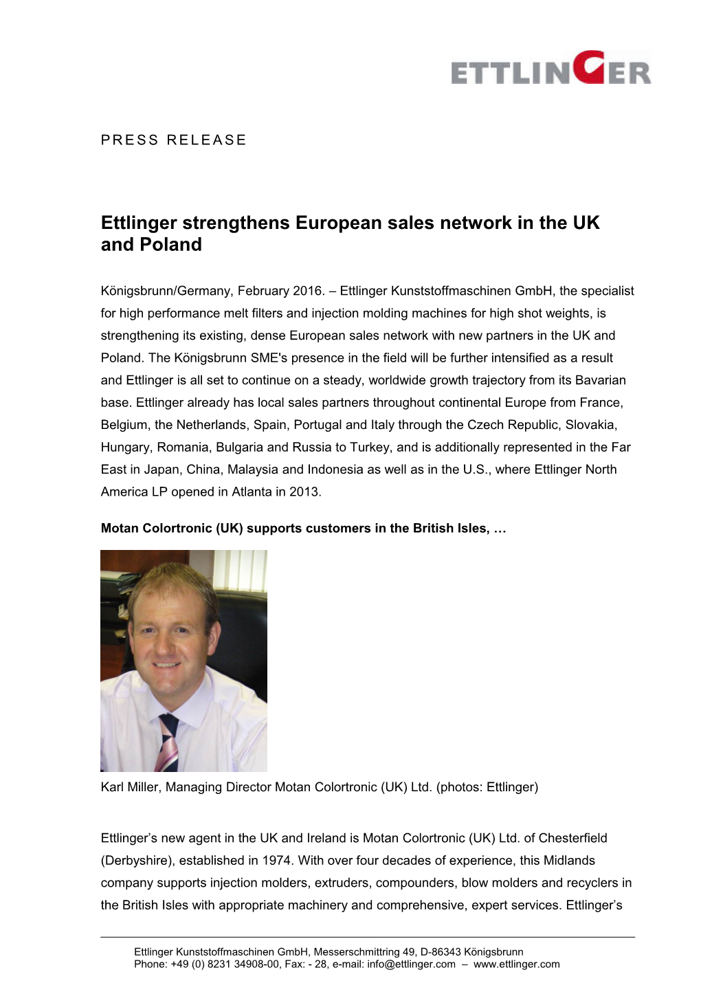 Page 1 of Press Release: Ettlinger Strengthens European Sales Network in the UK and Poland