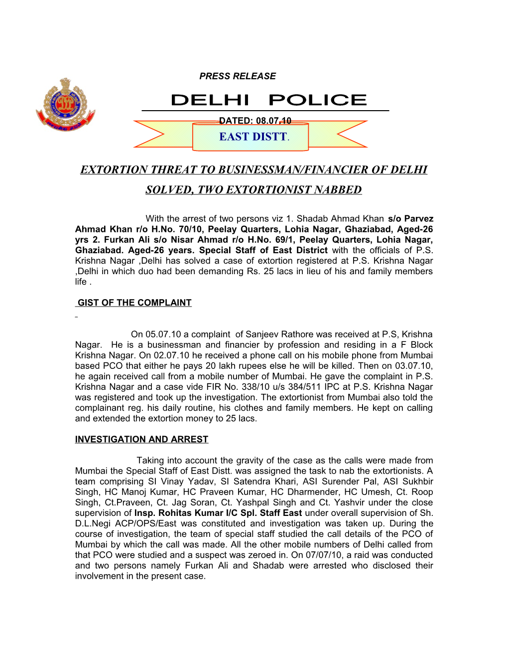 Extortion Threat to Businessman/Financier of Delhi Solved, Two Extortionist Nabbed