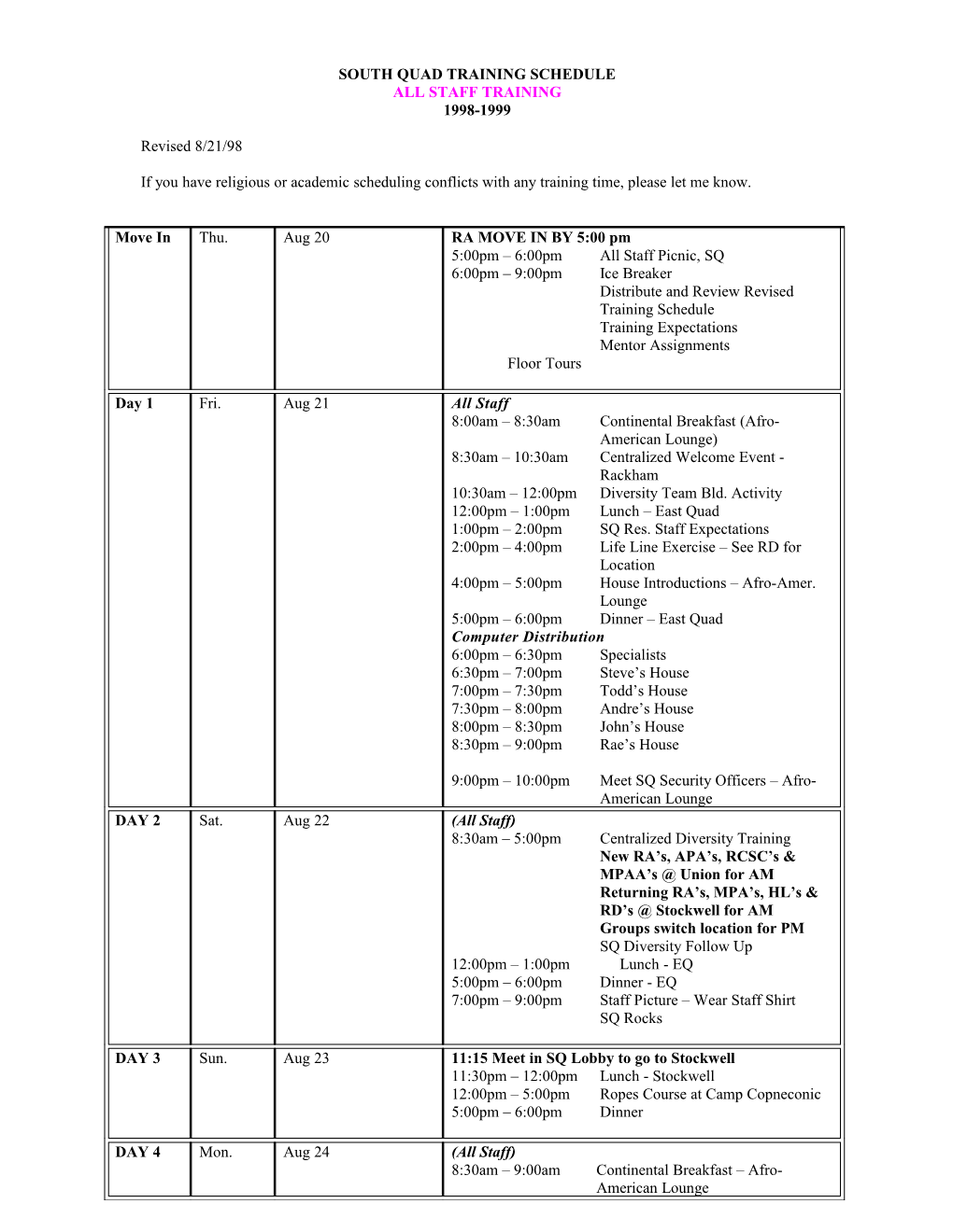 South Quad Training Schedule