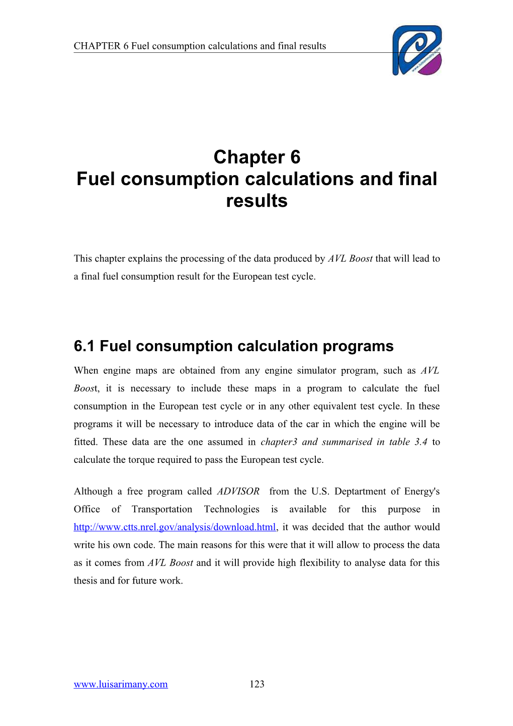 Chapter 6 Fuel Consumption Calculations and Final Results