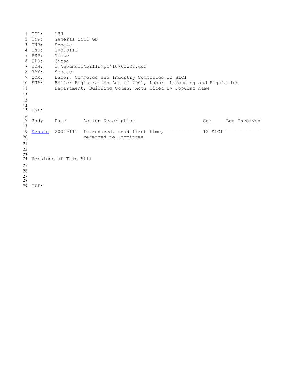 2001-2002 Bill 139: Boiler Registration Act of 2001, Labor, Licensing and Regulation Department