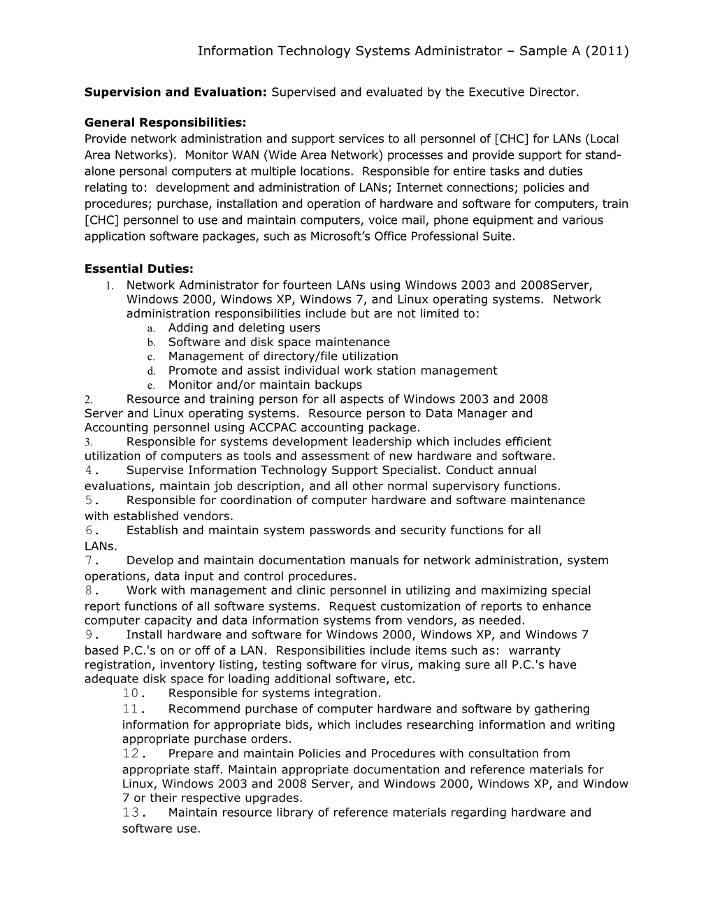 Information Technology Systems Administrator Sample a (2011)