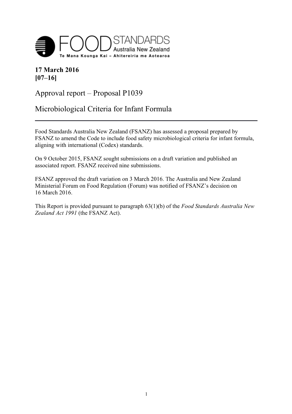 Microbiological Criteria for Infant Formula