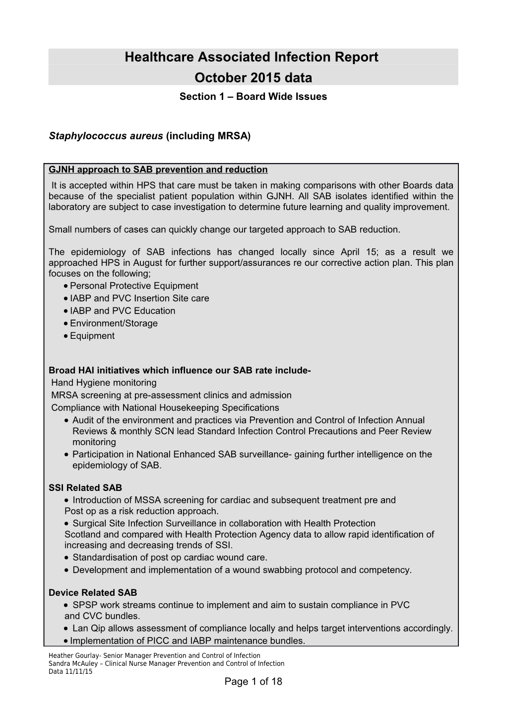 Healthcare Associated Infection Reporting Template (HAIRT)