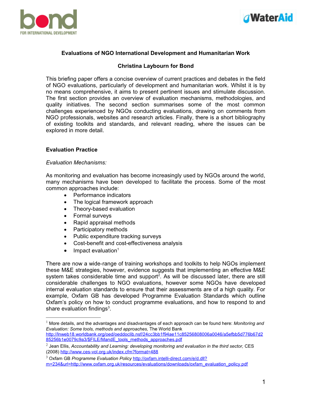 Evaluations of NGO International Development and Humanitarian Work