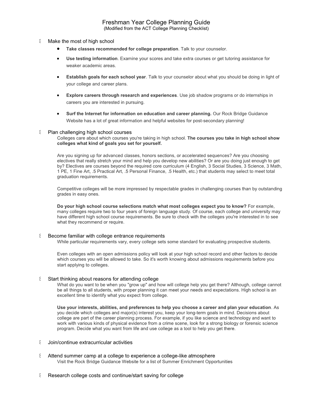 Modified from the ACT College Planning Checklist