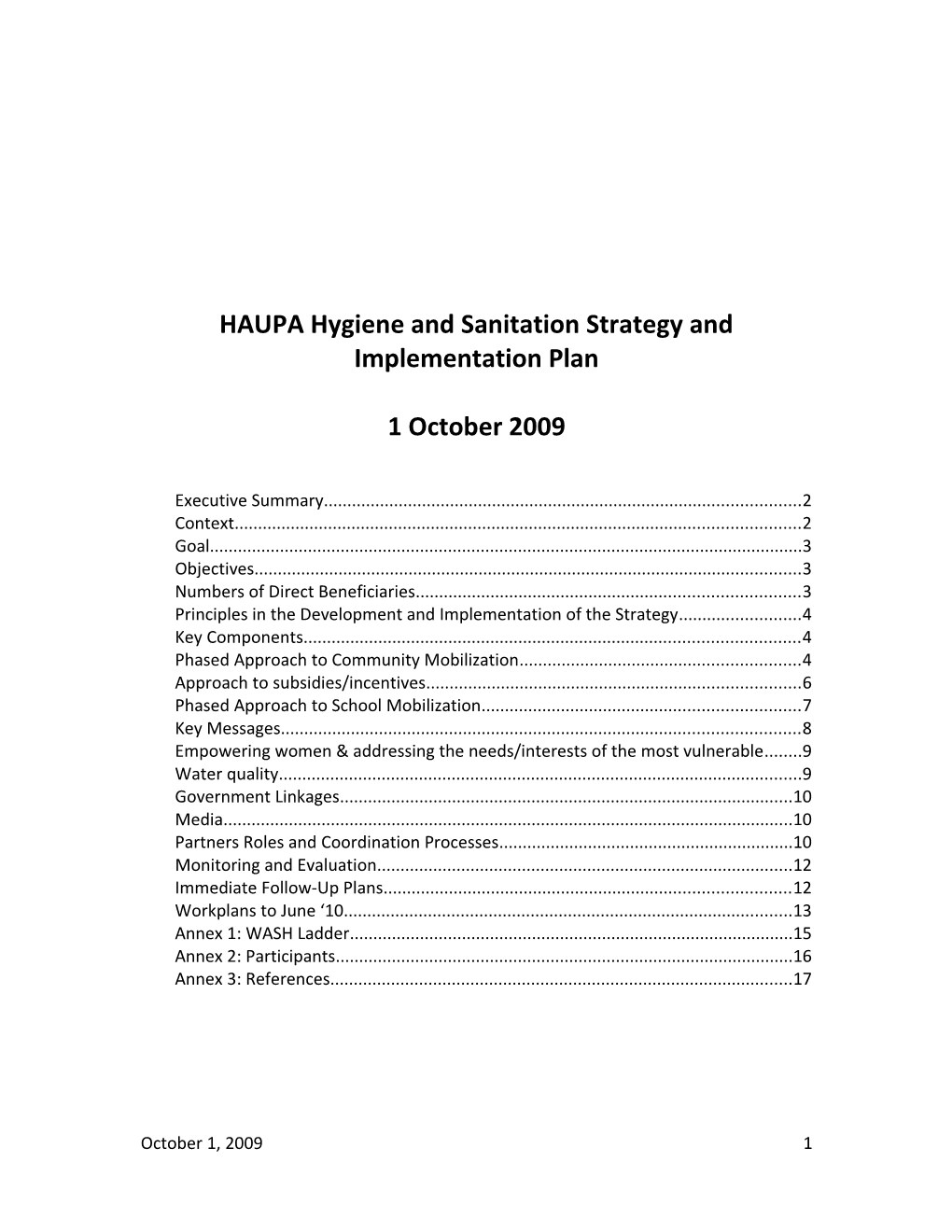 HAUPA Hygiene and Sanitation Strategy