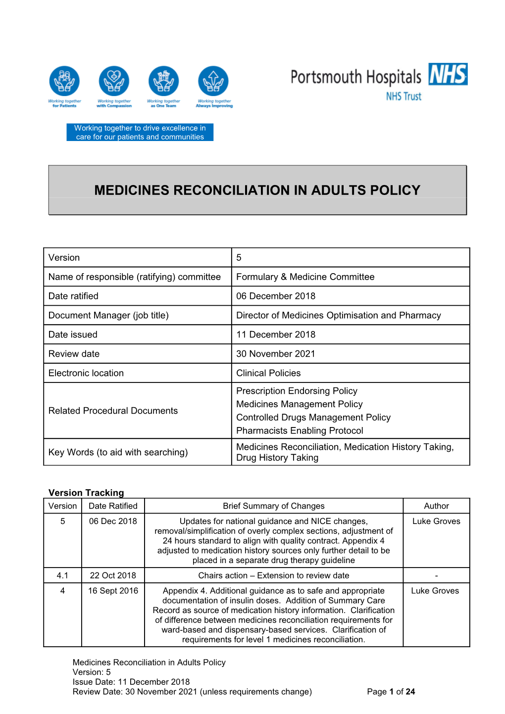 Medicines Reconciliation in Adults Policy