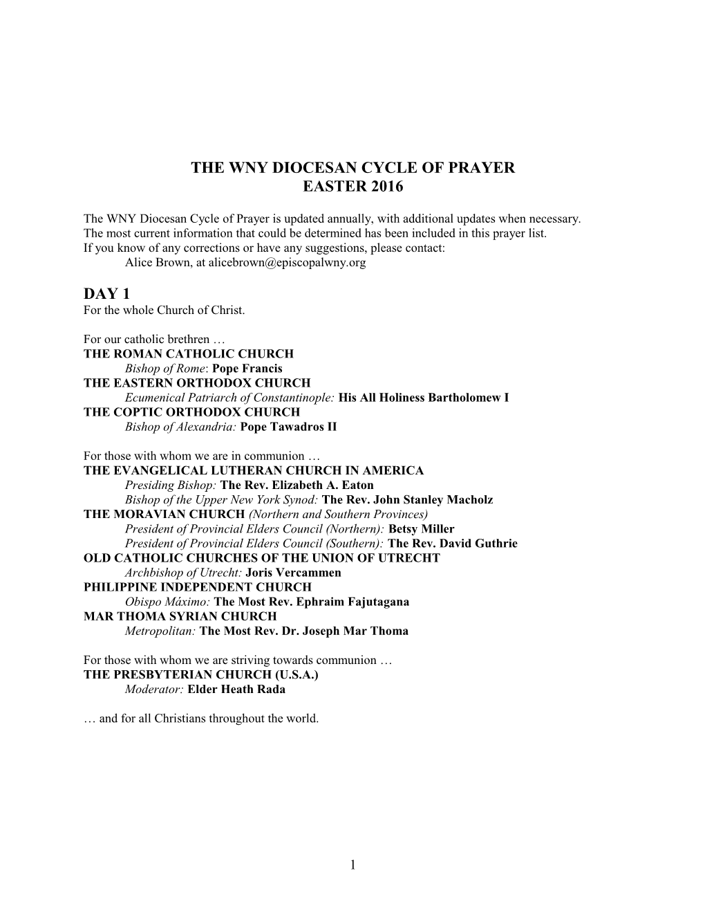 The Wny Diocesan Cycle of Prayer