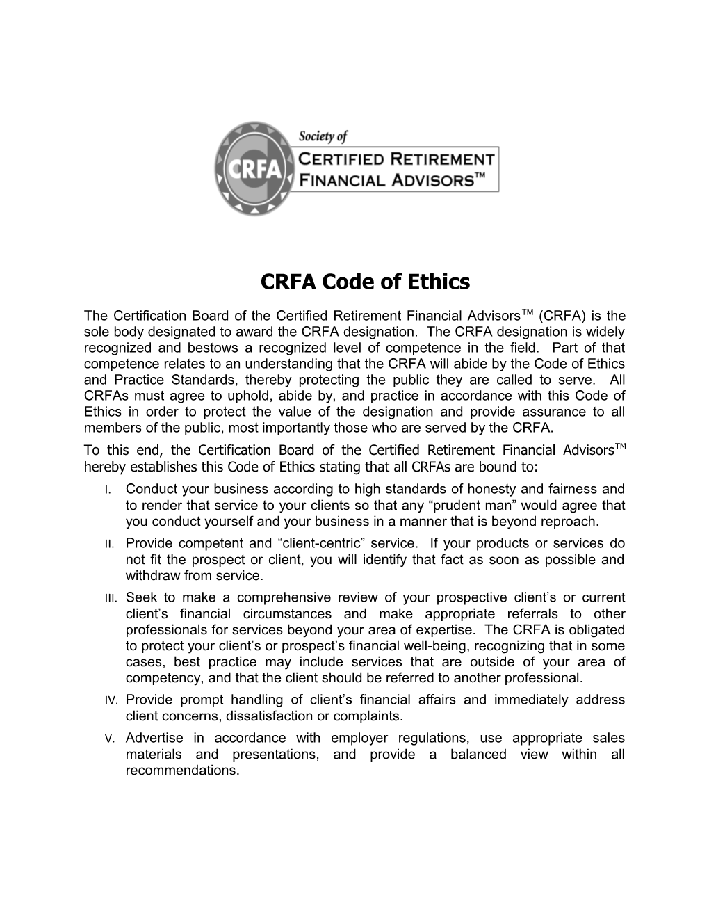 CRFA Code of Ethics