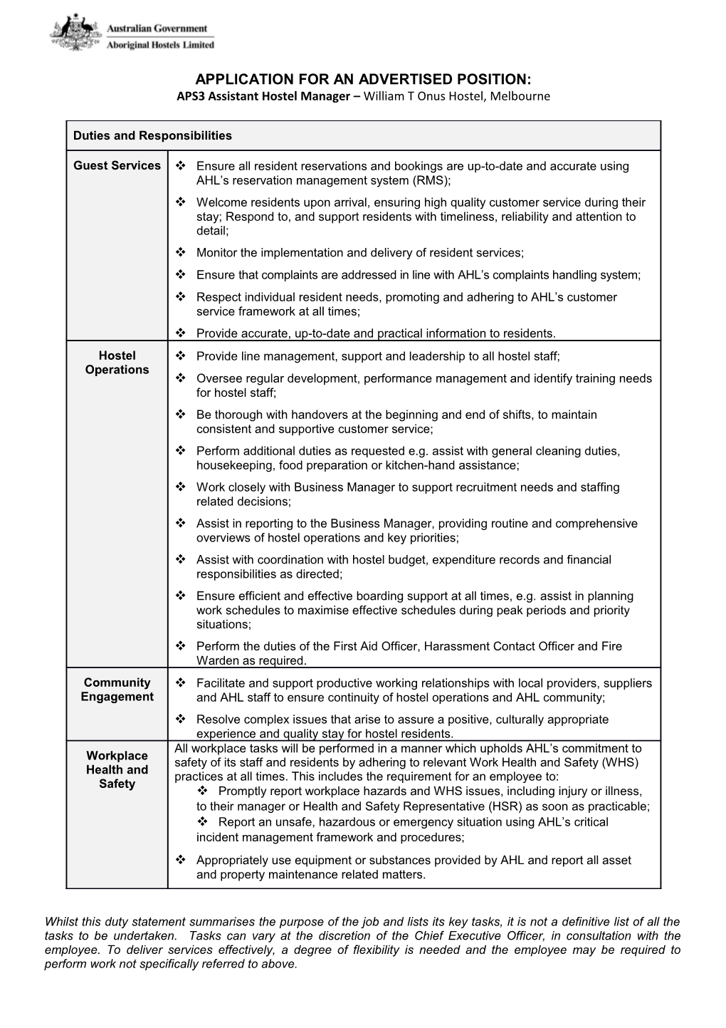 Whilst This Duty Statement Summarises the Purpose of the Job and Lists Its Key Tasks