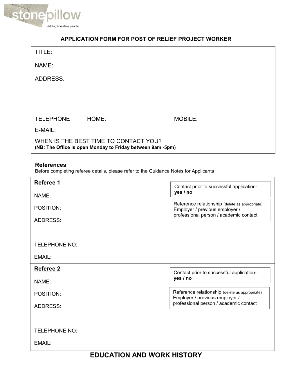 Application Form for Post Ofrelief Project Worker