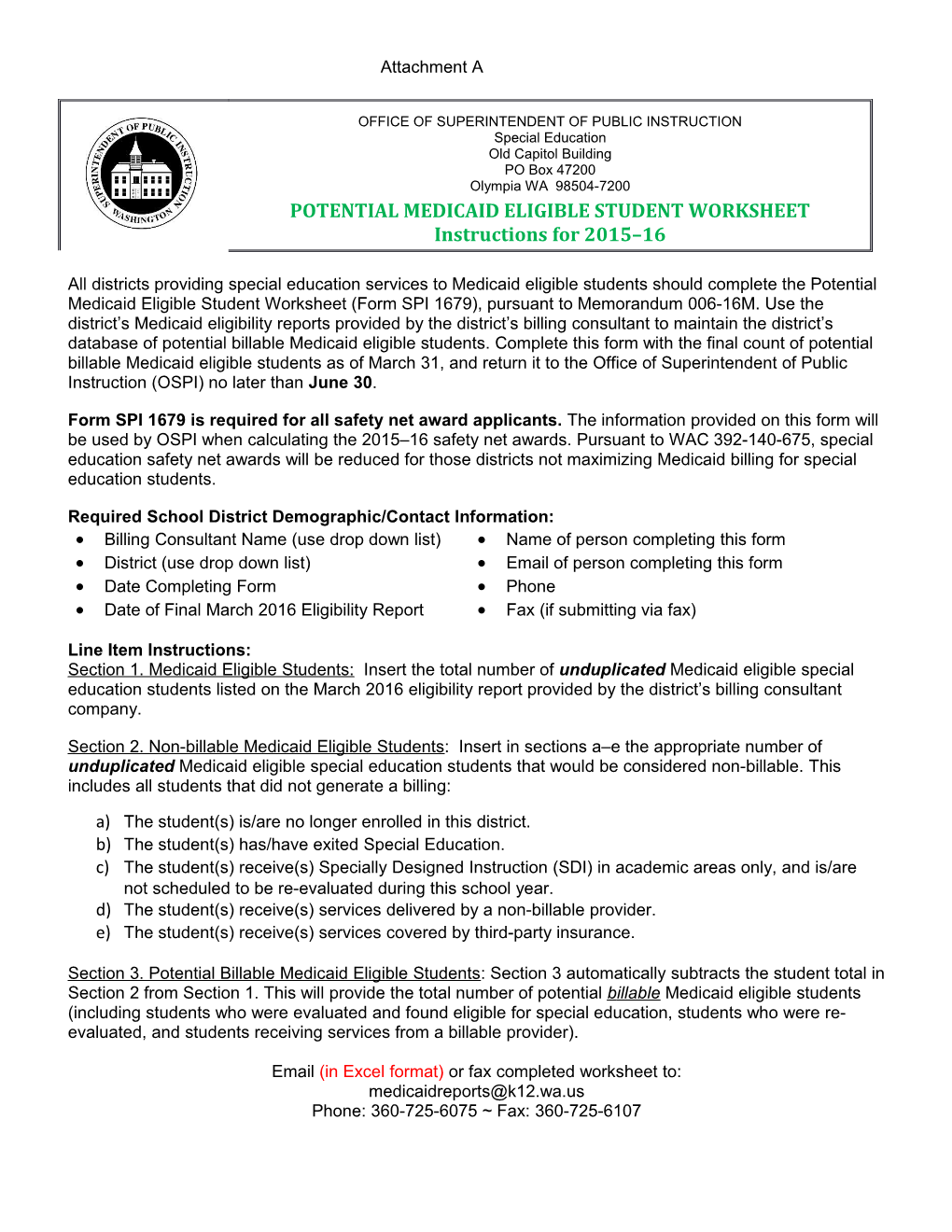 Potential Medicaid Eligible Student Worksheet Instructions for 2015-16