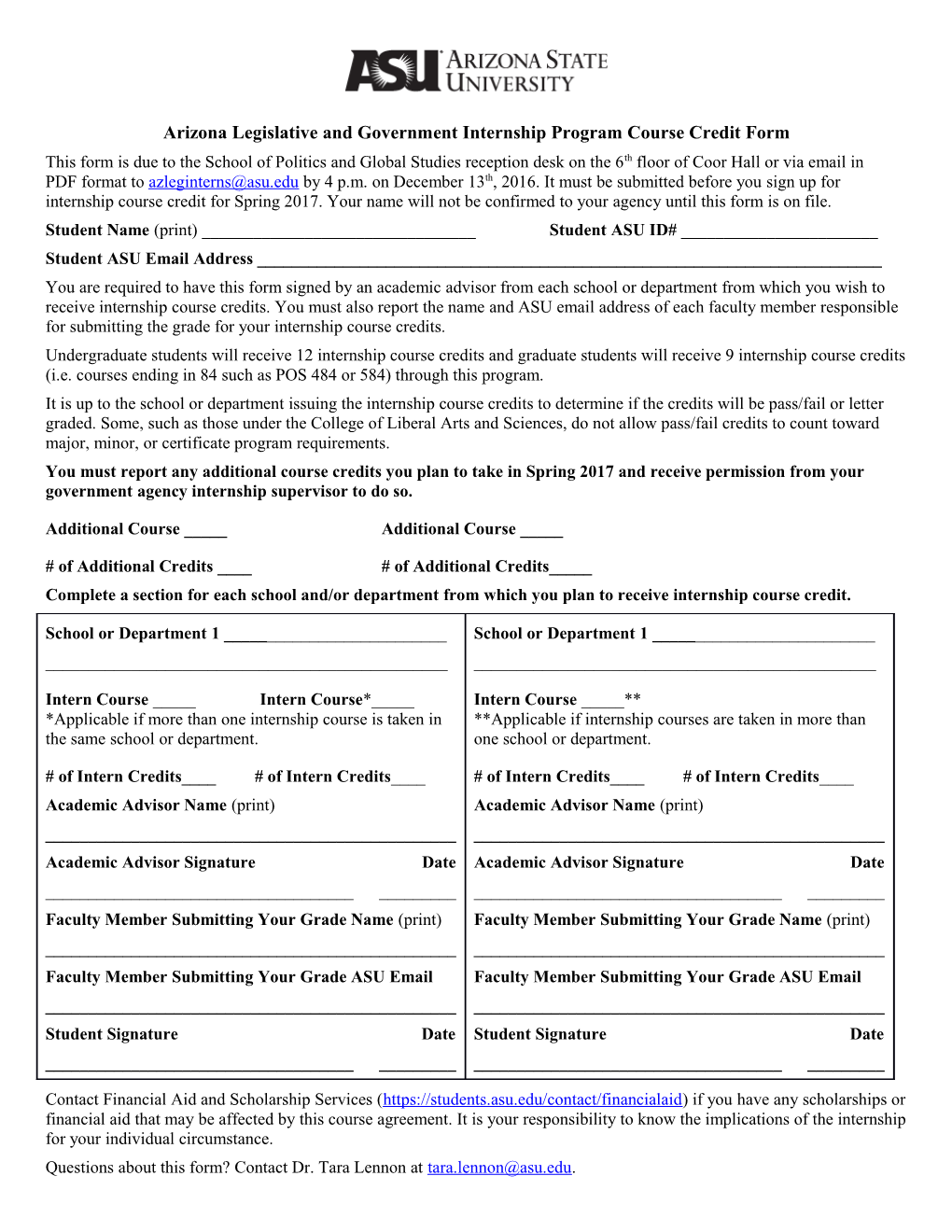 Arizona Legislative and Government Internship Program Course Credit Form