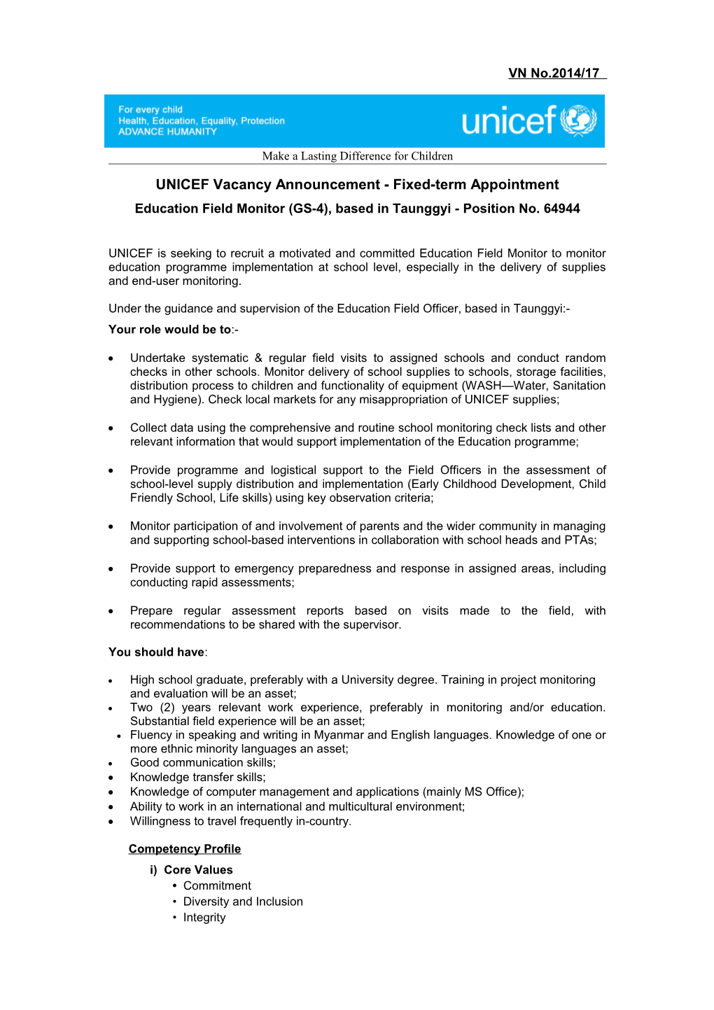 UNICEF Vacancy Announcement - Fixed-Term Appointment