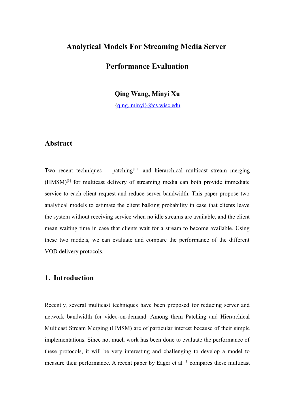 Analytical Models for Streaming Media Server