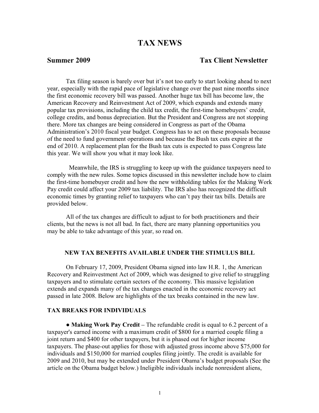 Summer 2009 Tax Client Newsletter