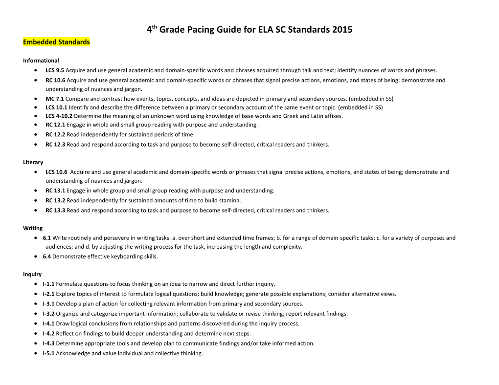 4Th Grade Pacing Guide for ELA SC Standards 2015