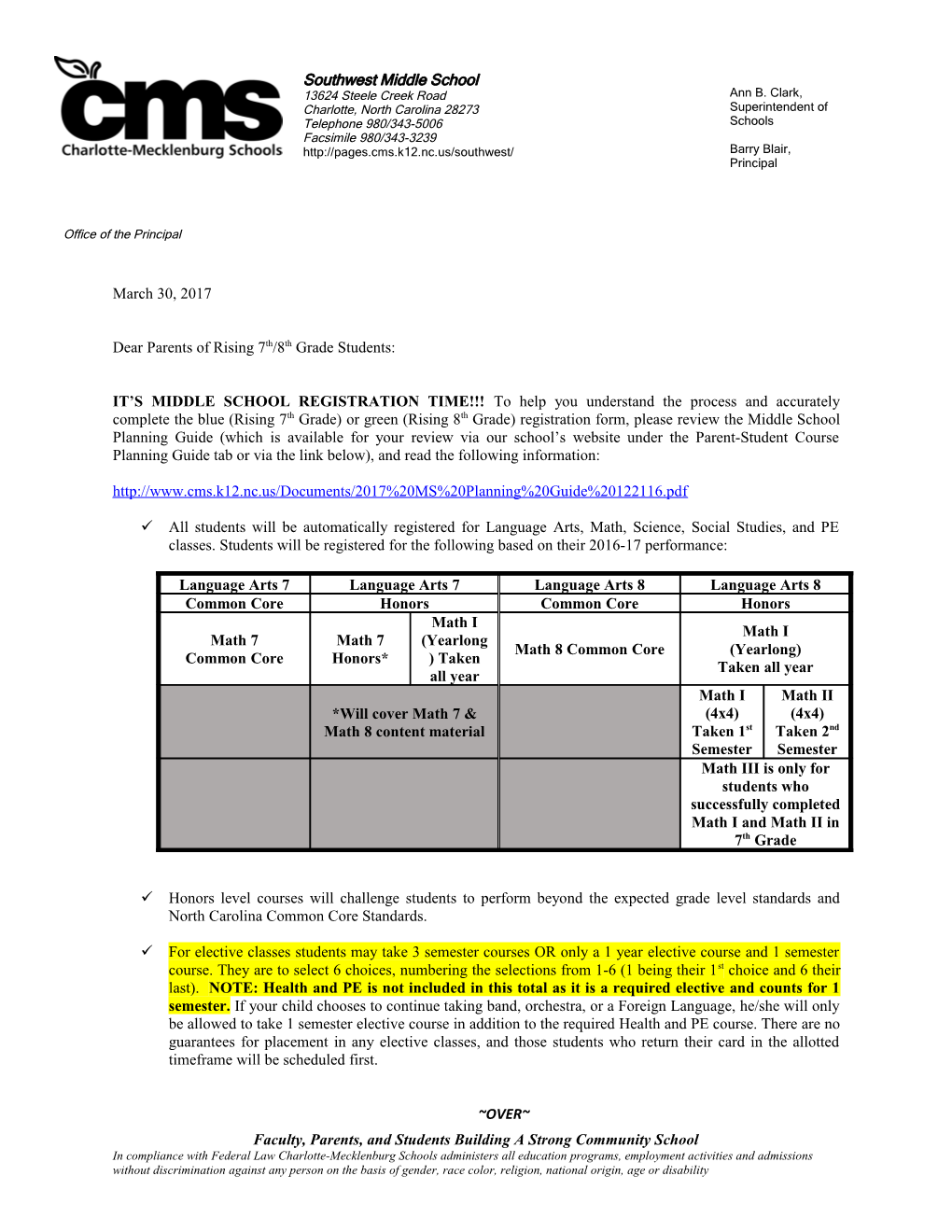 Dear Parents of Rising 7Th/8Thgrade Students