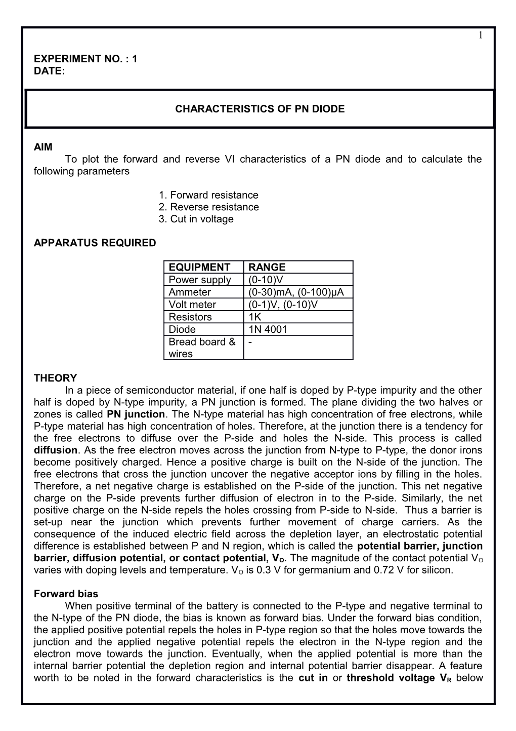 To Plot the Forward and Reverse VI Characteristics of a PN Diode and to Calculate the Following