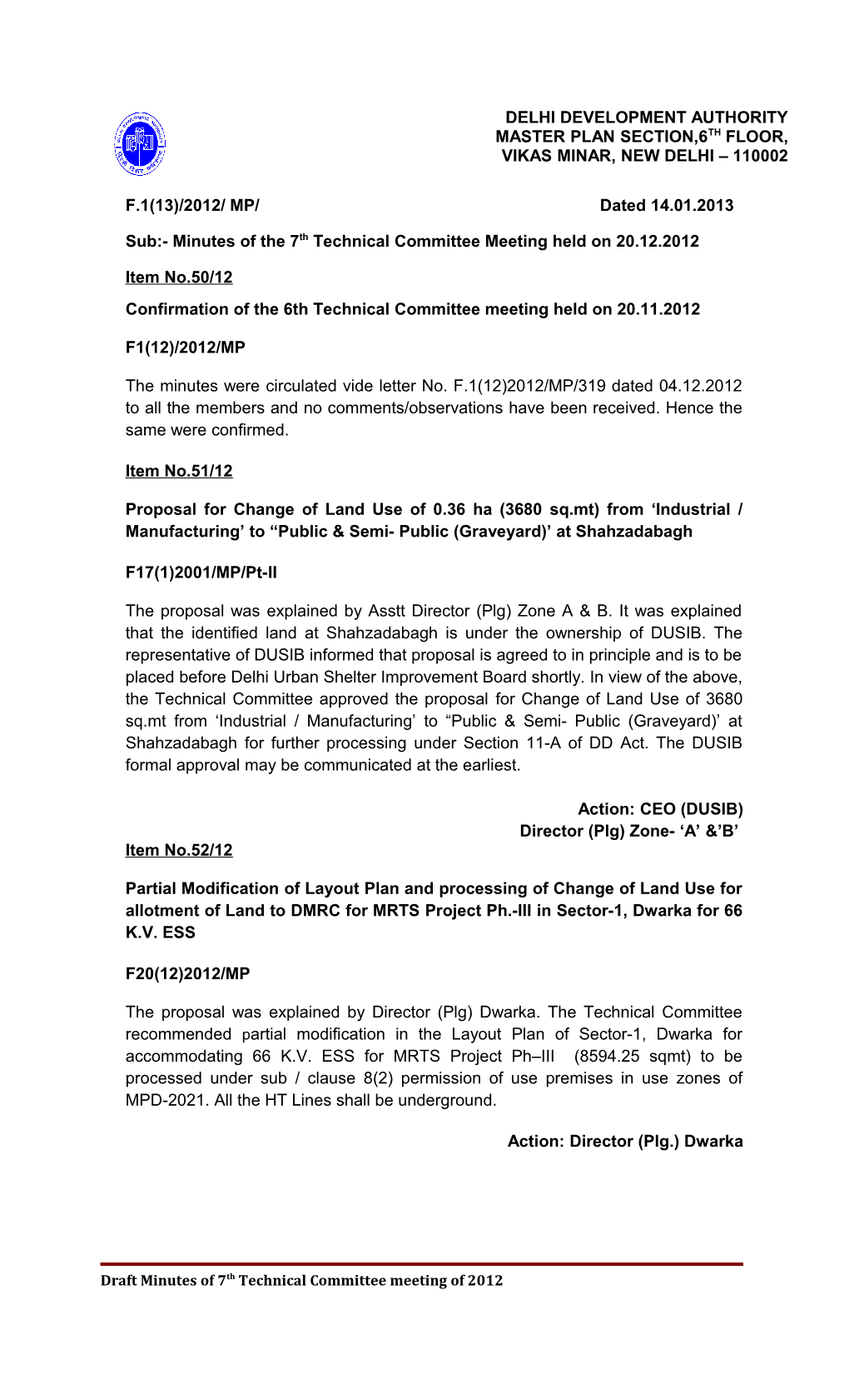 Sub:- Minutes of the 7Thtechnical Committee Meeting Held on 20.12.2012