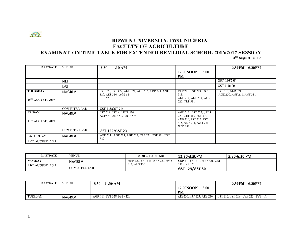 Examination Time Table for Extended Remedial School 2016/2017 Session