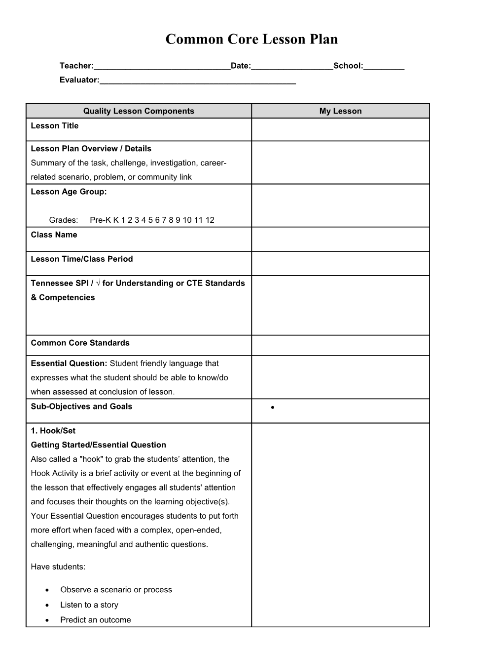 Common Core Lesson Plan