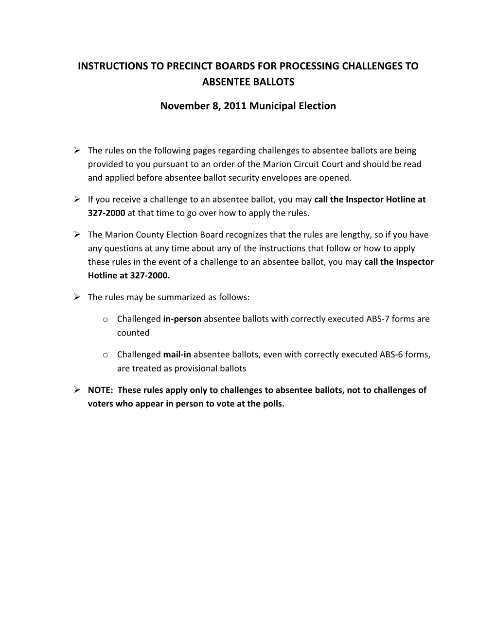 Instructions to Precinct Boards for Processing Challenges to Absentee Ballots