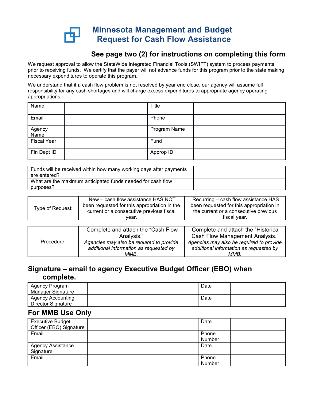 0301-01.5F Cash Flow Request Form