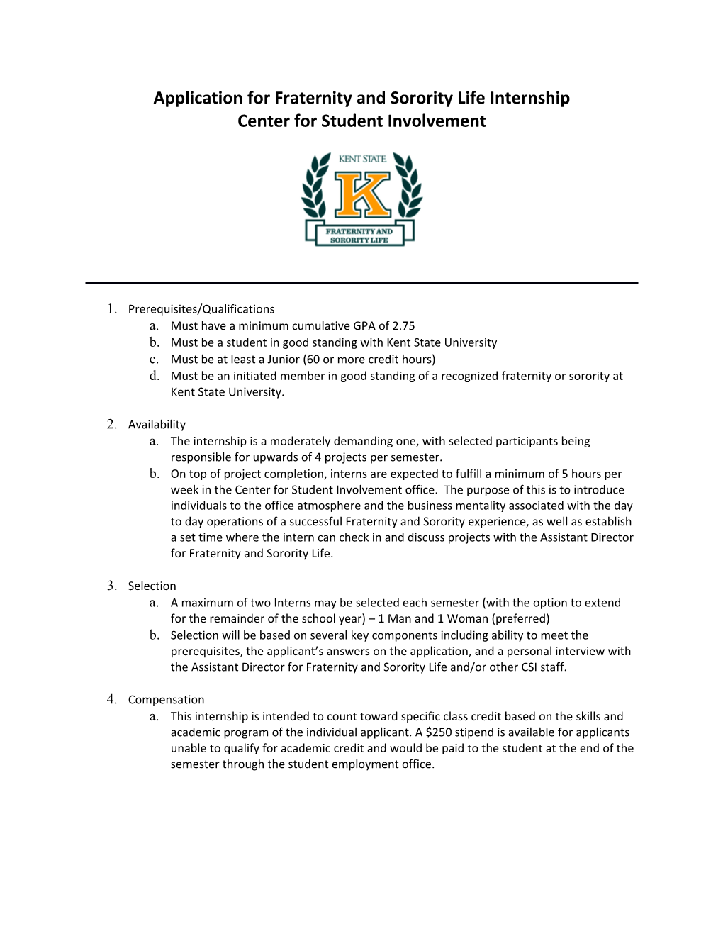 Application for Fraternity and Sorority Life Internship