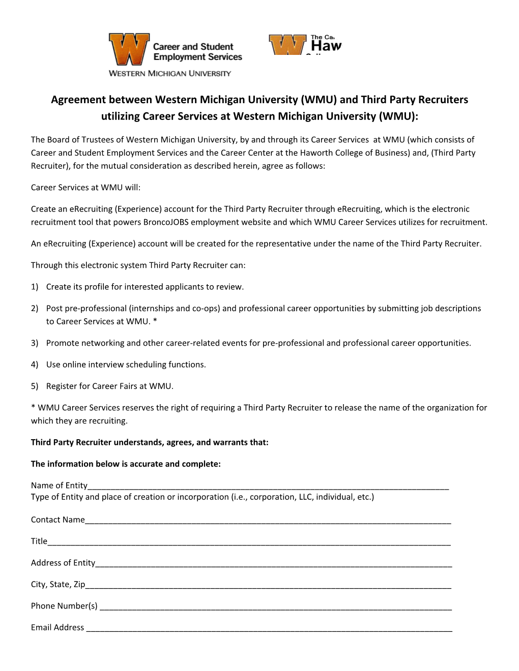 Agreement Between Western Michigan University (WMU) and Third Party Recruiters Utilizing