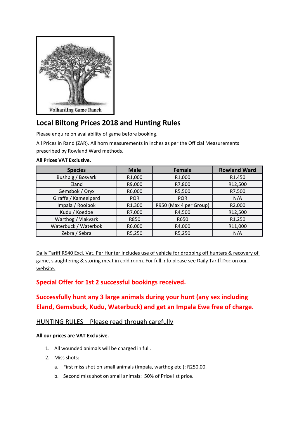 Local Biltong Prices 2018 and Hunting Rules