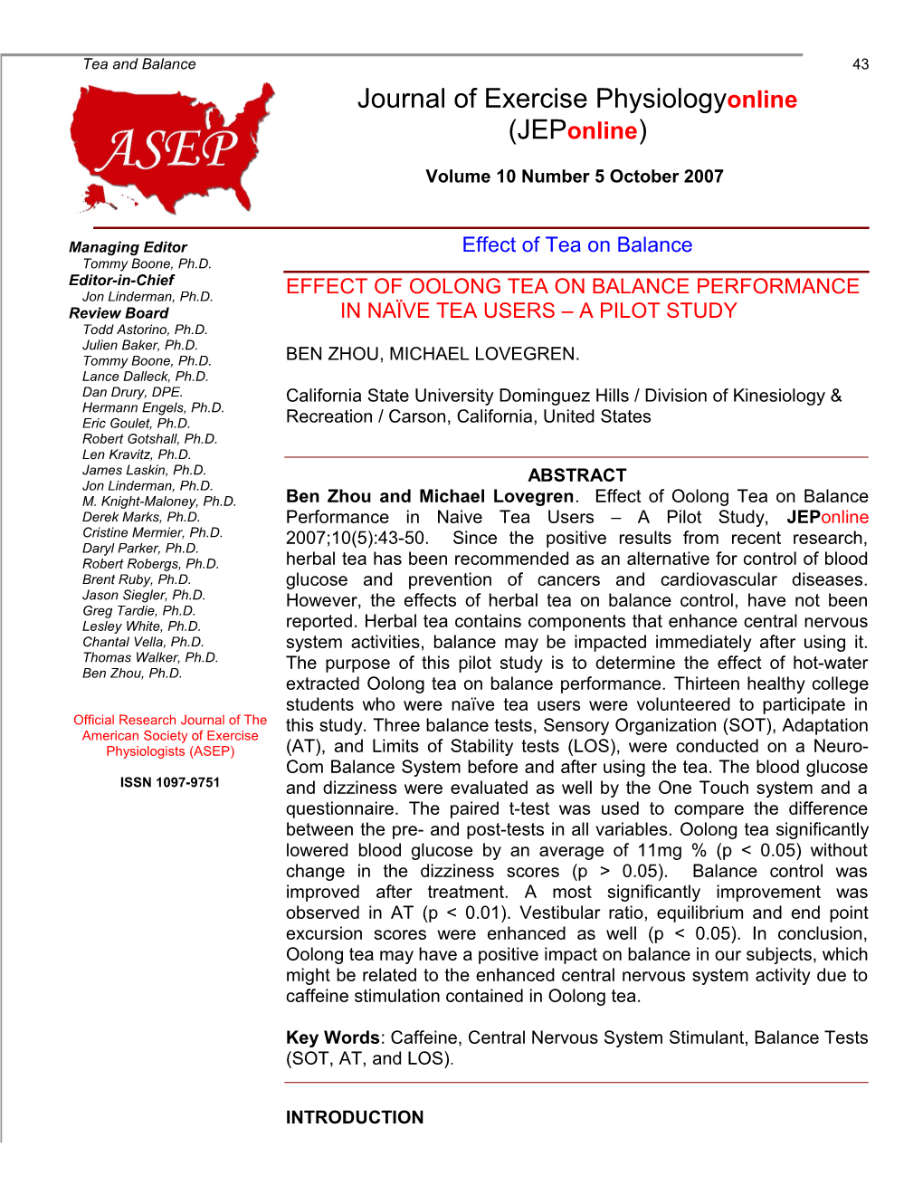 Effect of Oolong Tea on Balance Performance in Naïve Tea Users a Pilot Study