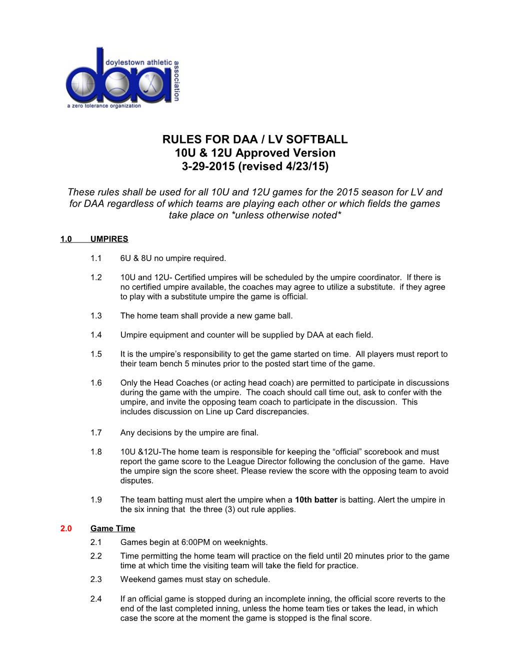 Rules for Daa / Lvsoftball