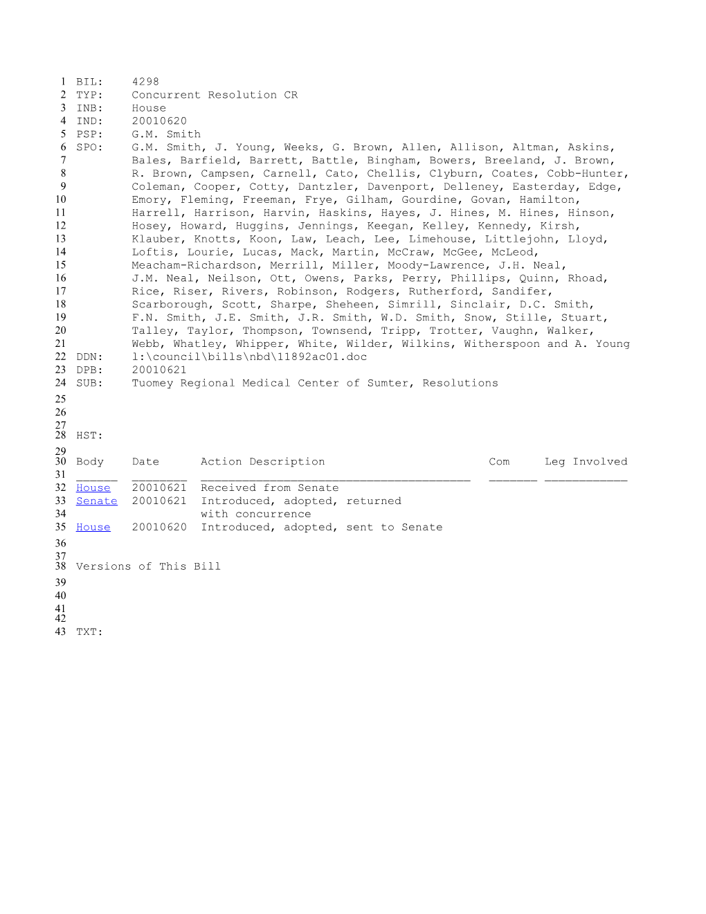 2001-2002 Bill 4298: Tuomey Regional Medical Center of Sumter, Resolutions - South Carolina