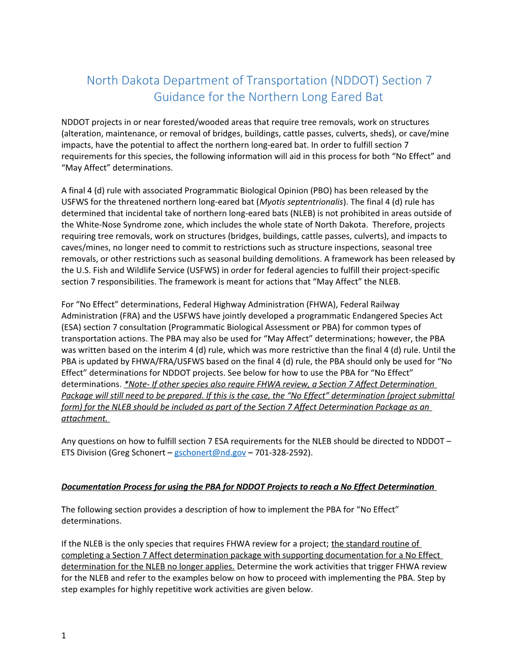 North Dakota Department of Transportation (NDDOT)Section 7 Guidance for the Northern Long