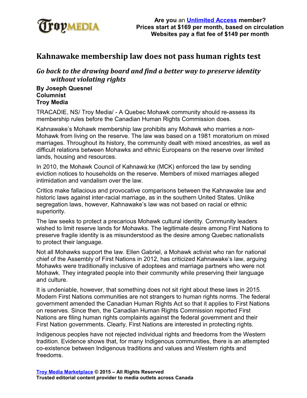 Kahnawake Membership Law Does Not Pass Human Rights Test