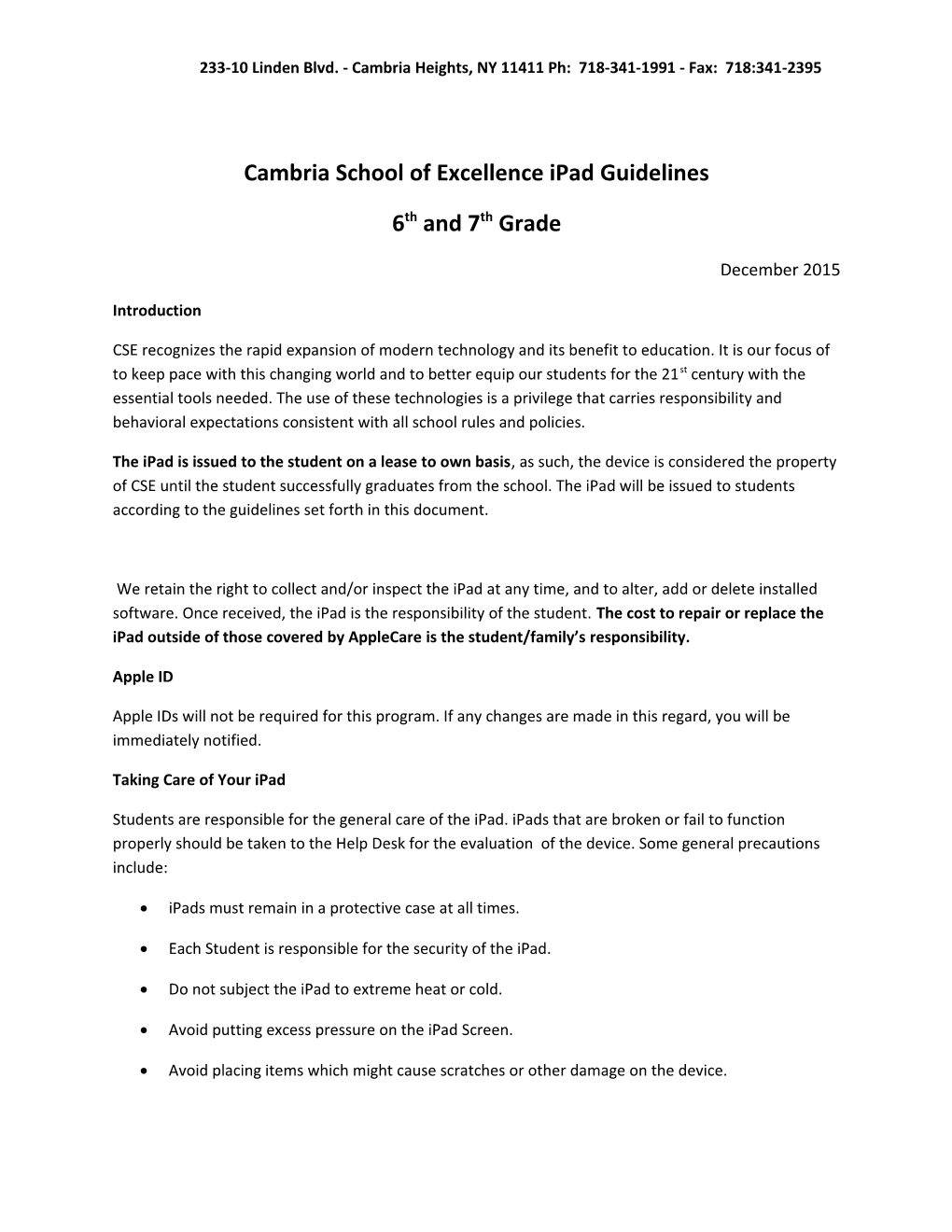 Cambria School of Excellence Ipad Guidelines