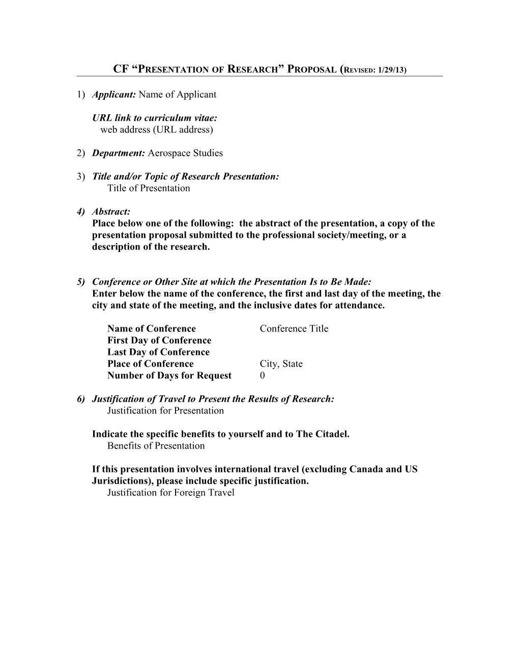 CF Presentation of Research Proposal (Revised: 1/29/13)