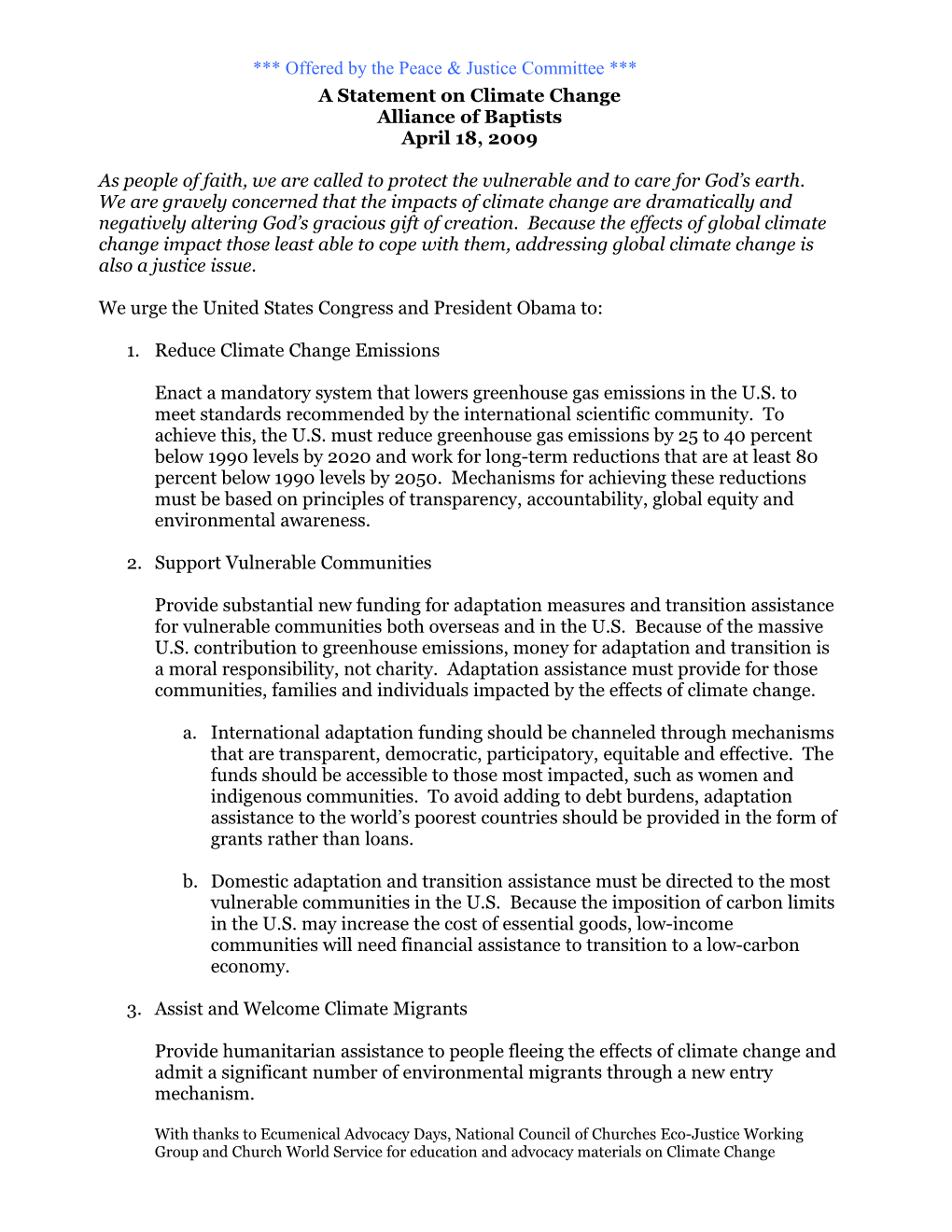 Alliance of Baptists, Convocation 2009, Statement on Climate Change