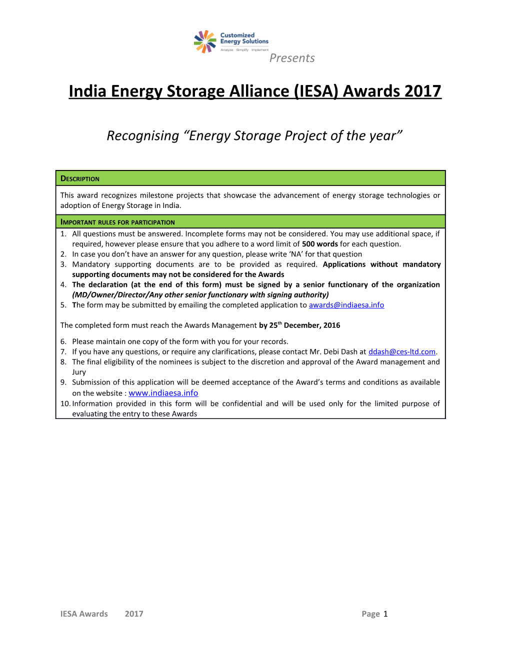 India Energy Storage Alliance (IESA) Awards 2017