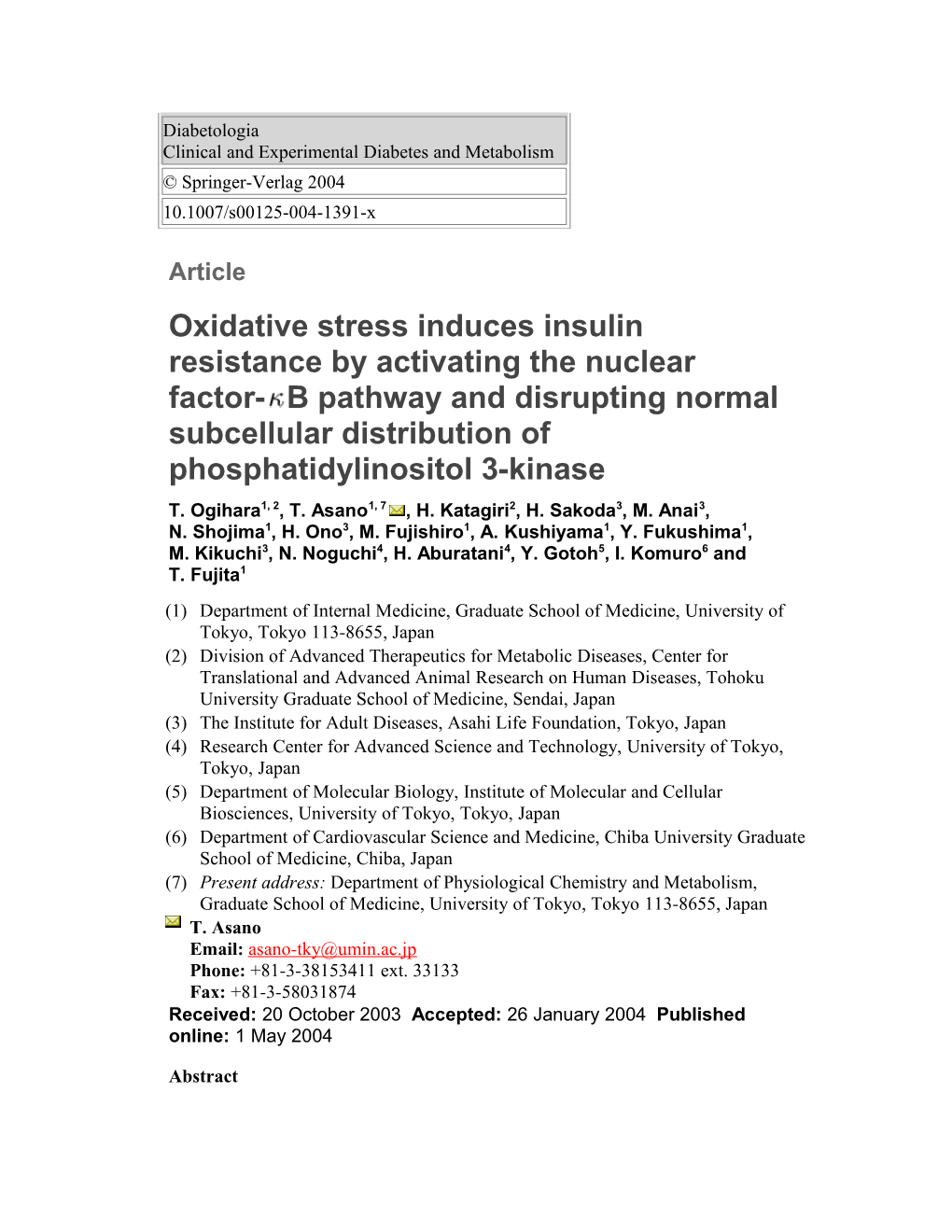 Diabetologiaclinical and Experimental Diabetes and Metabolism