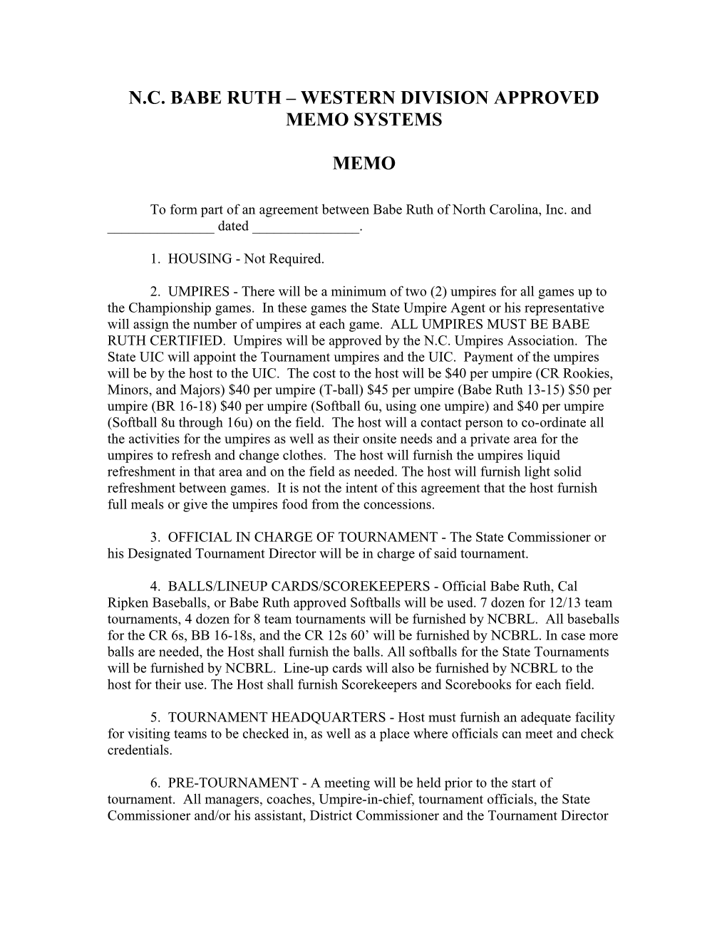 N.C. Babe Ruth Western Division Approved Memo Systems