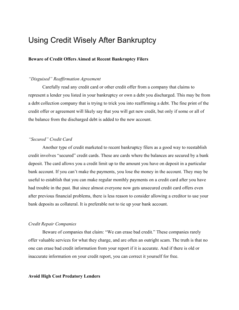 Beware of Credit Offers Aimed at Recent Bankruptcy Filers