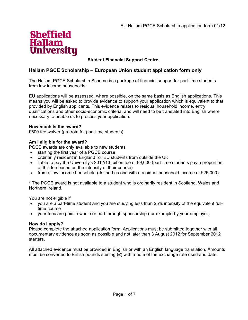 EU Hallam PGCE Scholarship Application Form 01/12