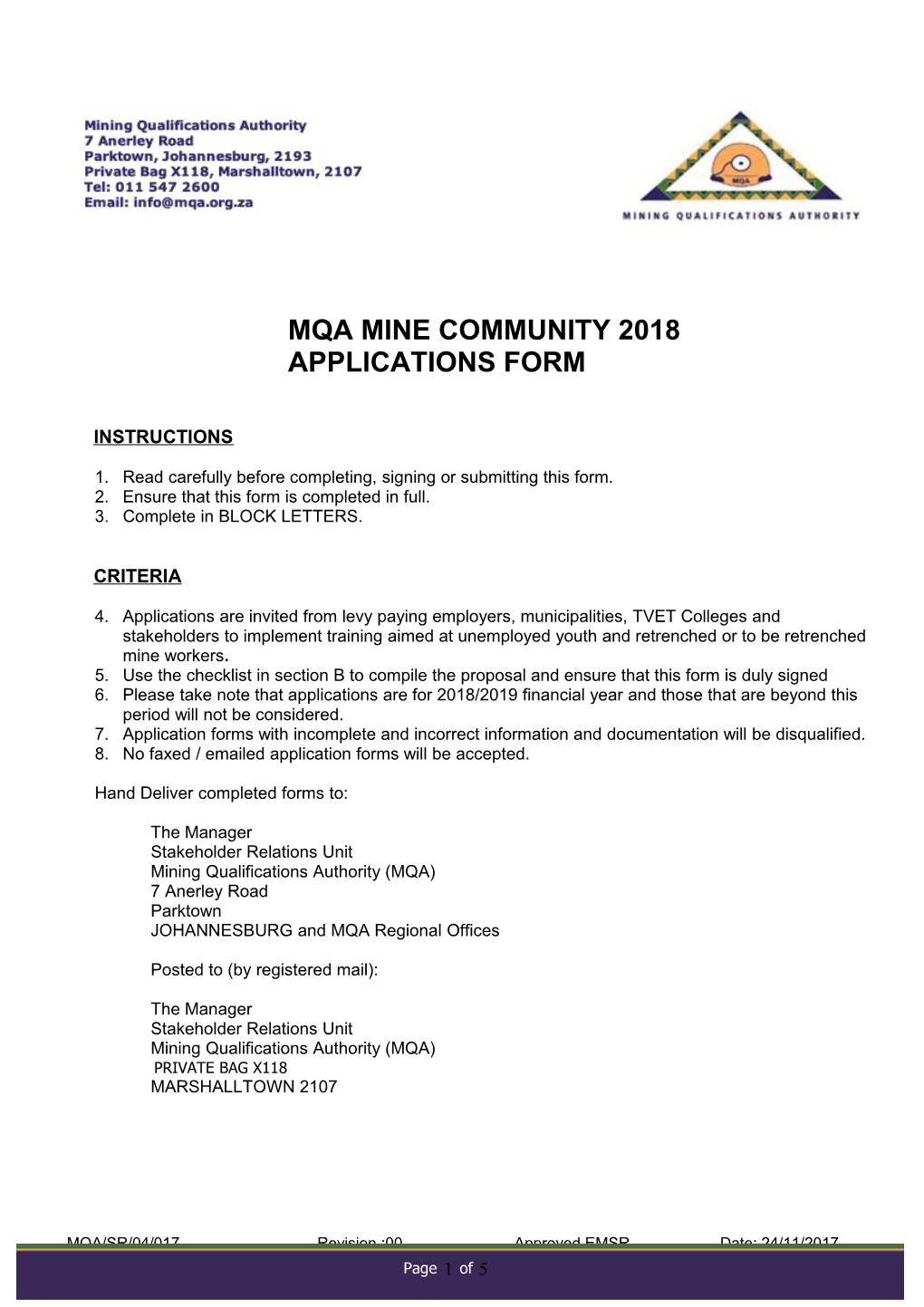 Mqa Mine Community 2018 Applications Form